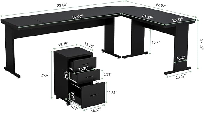 LITTLE TREE 82.67" Long Executive Desk Large L-Shaped Computer Office Desk with 3-Drawer Mobile File Cabinet, Industrial Business Furniture Desk Workstation for Home Office, Black