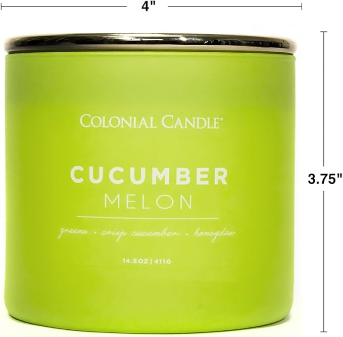 Colonial Candle Cucumber Melon Scented Jar Candle, Pop of Color Collection, 3 Wick, Green, 14.5 oz - Up to 60 Hours Burn