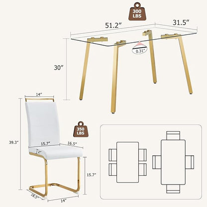 51" Glass Dining Table Set 4,Small Kitchen Room Dining Table Set 4 with Chairs,Tempered Glass Top with Gold Legs,Easy to Assemble,Dinette Breakfast Nook