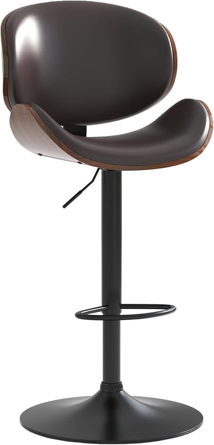 Adjustable Swivel Bar Stools 1 PC, Modern Bentwood Barstool with Large Metal Base and Footrest, PU Leather Upholstered Bar Chair with Curved Back for Kitchen Island Dining Room, Brown