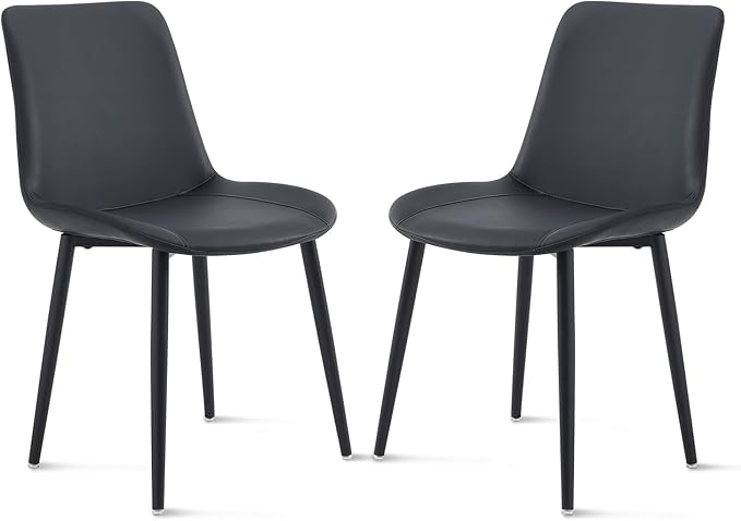 Black Leather Dining Chairs Set of 2, Mid Century Modern Faux Leather Kitchen & Dining Room Chairs, Comfortable Dinner Chair Kitchen Chairs for Restaurant Living Room, Cafe, Home (2, Black)