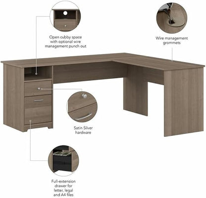 Bush Furniture L Shaped Desk with Drawers for Executive and Home Office | Cabot Collection Corner Table with Storage and Chrome Hardware | 72Wx23DX42W Return