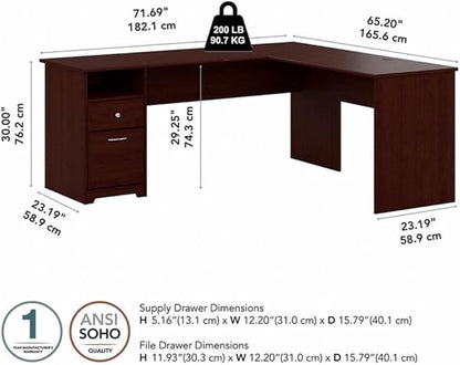 Bush Furniture Cabot 72W L Shaped Computer Desk with Drawers in Harvest Cherry
