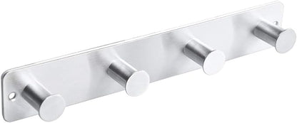 Small Coat Rack Hooks for Wall, Screw in and Adhesive Hooks, Stainless Steel, Door Hooks with 4 Heavy Duty Hooks for Coat Hat Towel Key (4 Hooks, Silver)