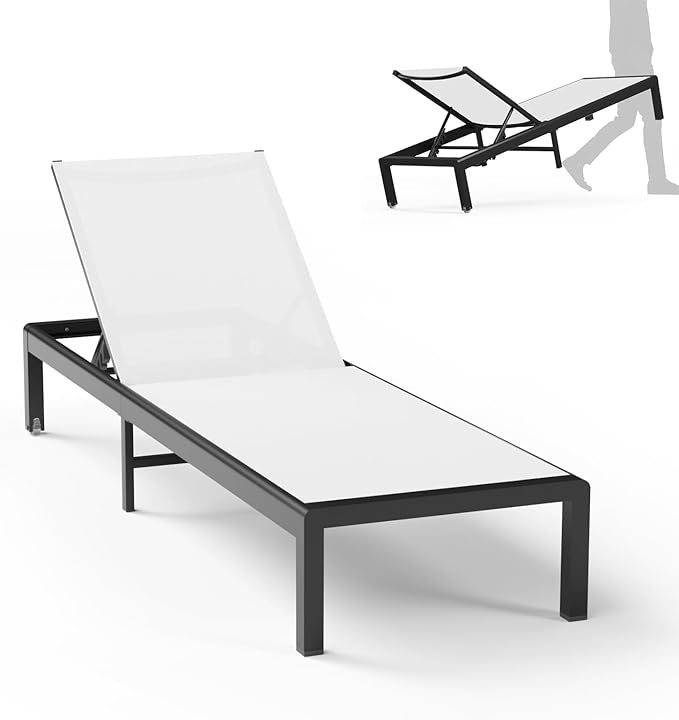 Aluminum Lounge Chairs Outdoor Chaise Furniture,2 Sets Patio Metal Deck Lounger Adjustable 5-Position Poolside Chase Recliner with Wheels for Beach,Coffee Table, (White, 1 Chair)