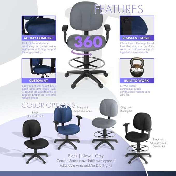 Romig Comfort Series Swivel Fabric Computer Task Chair with Adjustable Arms & Drafting Kit -Grey