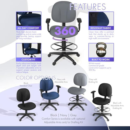 Romig Comfort Series Swivel Fabric Computer Task Chair with Adjustable Arms & Drafting Kit -Grey