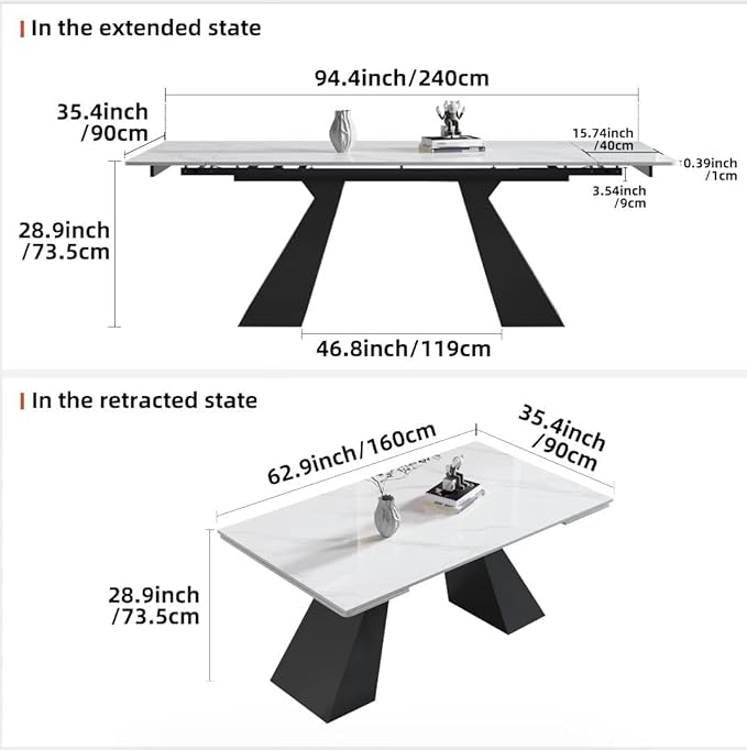 62.9" to 94" Modern Sintered Stone Luxury Rectangular Dining Table for 6-8 People, White Top with Black Base, Contemporary Style for Living Room