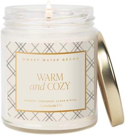 Sweet Water Decor Warm and Cozy Candle - Pine Cinnamon & Fir Winter Scented Soy Candles for Home - 9oz Clear Jar, 40 Hour Burn Time, Made in The USA