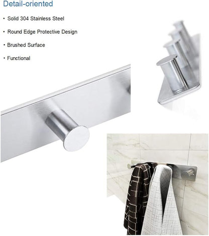Small Coat Rack Hooks for Wall, Screw in and Adhesive Hooks, Stainless Steel, Door Hooks with 4 Heavy Duty Hooks for Coat Hat Towel Key (4 Hooks, Silver)