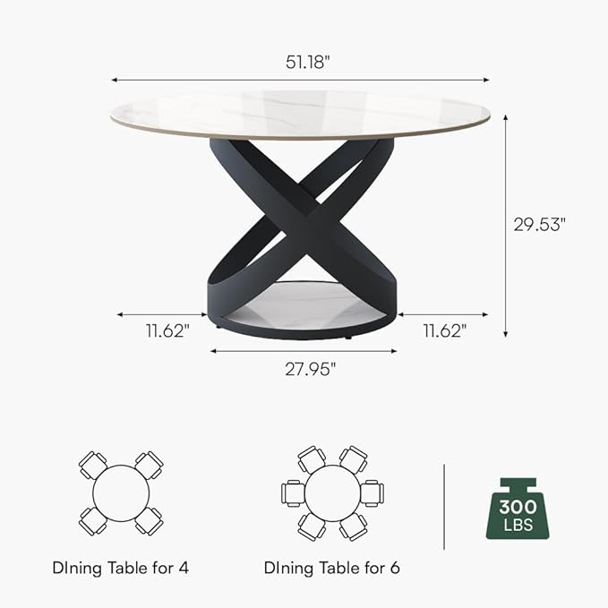 POVISON 51" Modern Dining Table, Glossy White Round Dining Table for 6, Sintered Stone Dining Tabletop with Black X Carbon Steel Base (Table Only)