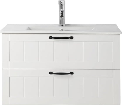 Goujxcy 31.5" Wall Mounted Bathroom Vanity with Sink, Modern Floating Bathroom Cabinet with Ceramic Sink & Double Drawers, Wood Hanging Bath Room Cabinet with Soft-Close System (White)