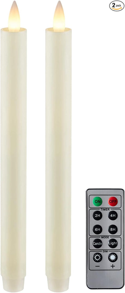 Flameless Taper Candles Flickering with Remote and Timer, 3D Moving Flame Taper Candle Battery Operated to 400 Hours, 9 Inch Window Candles, (Ivory)