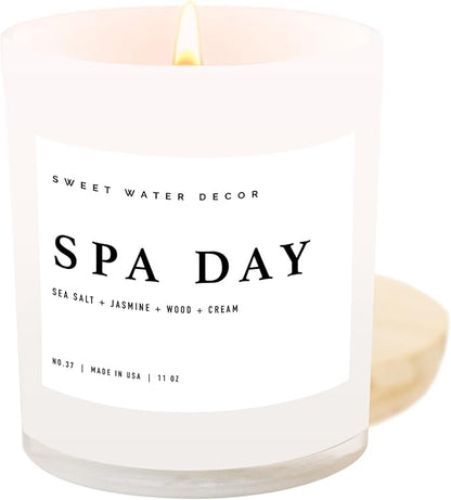 Sweet Water Decor Spa Day Candle - Spa Scented Soy Wax Candle for Home - Sea Salt, Jasmine, Wood, and Cream - 11oz Jar Candle with Wood Lid, 50+ Hour Burn Time, Made in The USA