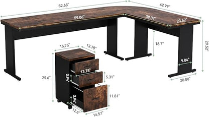 LITTLE TREE 83 Inch L-Shaped Office Desk with Drawers, Large Executive Office Desk with Storage, Wooden Computer Desk with File Cabinet, Modern Work Desk for Home Office, Brown