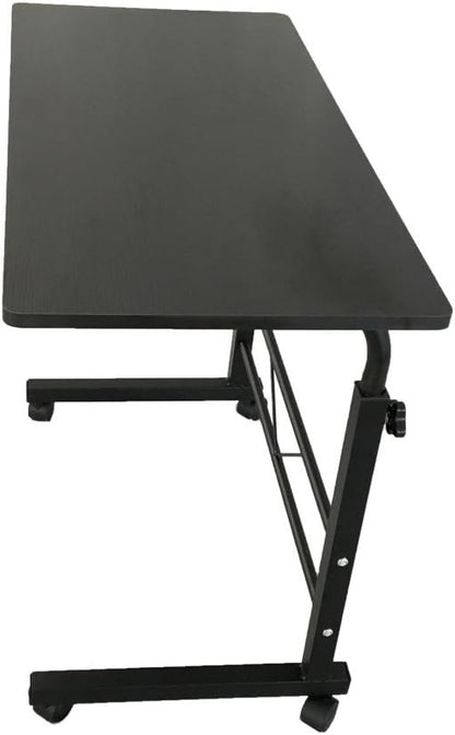Goujxcy Sofa Side Table C Shaped End Table with Wheels, Black Rolling Bedside Laptop Table Snack Table TV Tray, Height Adjustable, Wooden Top & Metal Frame
