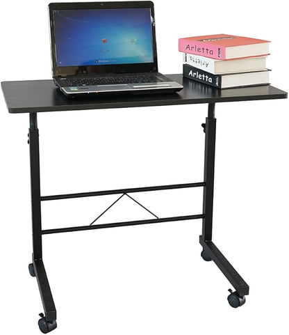 Goujxcy Sofa Side Table C Shaped End Table with Wheels, Black Rolling Bedside Laptop Table Snack Table TV Tray, Height Adjustable, Wooden Top & Metal Frame