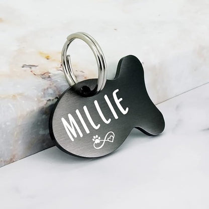 Ultra Joys Cat ID Tag Personalized Pet Tags, Durable Stainless Steel Small Pet Mini Dog Cat Tag Lightweight - Fish Tag in Black