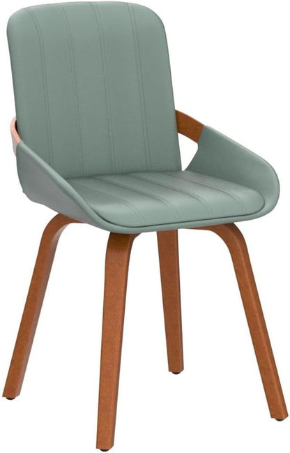 Mid Century Modern Faux Leather Upholstered Dining Chairs Set of 2,Armless Accent Chairs with Sturdy Natural Wood Legs,Bamboo Backrest Support for Kitchen&Dining Room Chairs(Green PU)