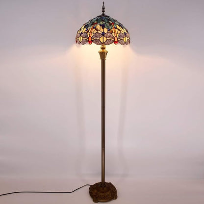 WERFACTORY Tiffany Floor Lamp Blue Yellow Stained Glass Dragonfly Standing Reading Light 16X16X64 Inches Antique Pole Corner Lamp Decor Bedroom Living Room Home Office S128 Series