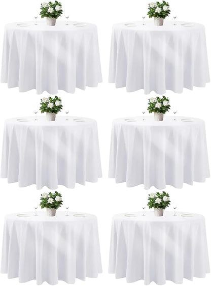 Cuckan 120 Inch Round Tablecloth, 6 Pack White Stain Resistant and Wrinkle-Free Polyester Table Cover for Wedding, Banquet, Party, Restaurant– [White], [6-Pack]