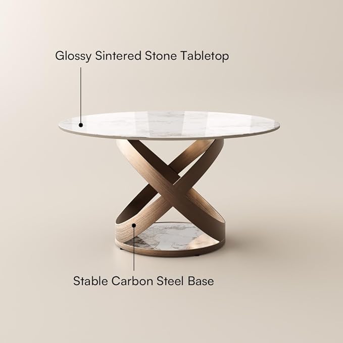 POVISON 51" Modern Round Dining Table, Pandora Round Kitchen Table for 4, Sintered Stone Dining Room Table top with Bronze X Carbon Steel Base (Dining Table Only)