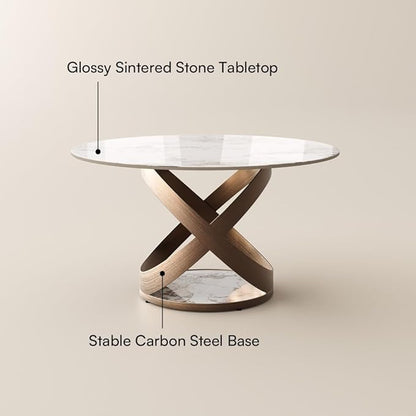 POVISON 51" Modern Round Dining Table, Pandora Round Kitchen Table for 4, Sintered Stone Dining Room Table top with Bronze X Carbon Steel Base (Dining Table Only)