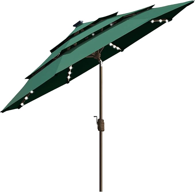 EliteShade USA 10-Year-Non-Fading Solar 9ft 3 Tiers Market Umbrella with 80 LED Lights Patio Umbrellas Outdoor Table with Ventilation,Forest Green
