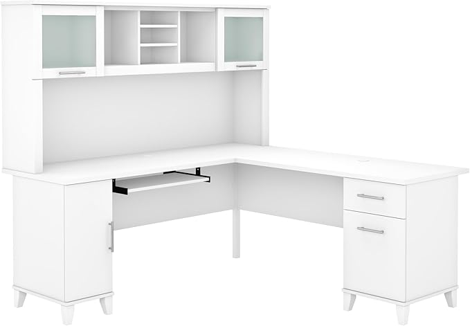 Bush Furniture Somerset L Shaped Desk with Hutch in White | Corner Computer Table with Drawers, Cabinets and Pullout Keyboard/Laptop Tray for Home Office