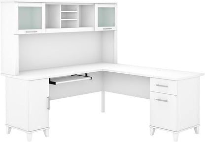 Bush Furniture Somerset L Shaped Desk with Hutch in White | Corner Computer Table with Drawers, Cabinets and Pullout Keyboard/Laptop Tray for Home Office