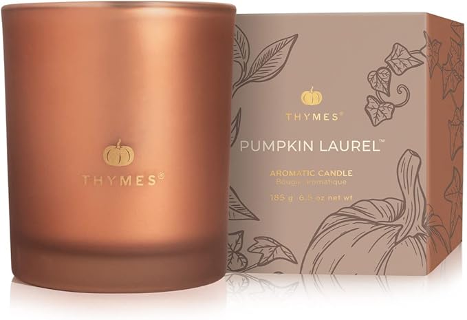 Thymes Scented Candles for Home Decor - Luxury Home Fragrance Gifts for Women & Men - Fall Candles with Creamy Pumpkin, Nutmeg, & Cinnamon - Burnt Orange (Pumpkin Laurel, 6.5 oz)
