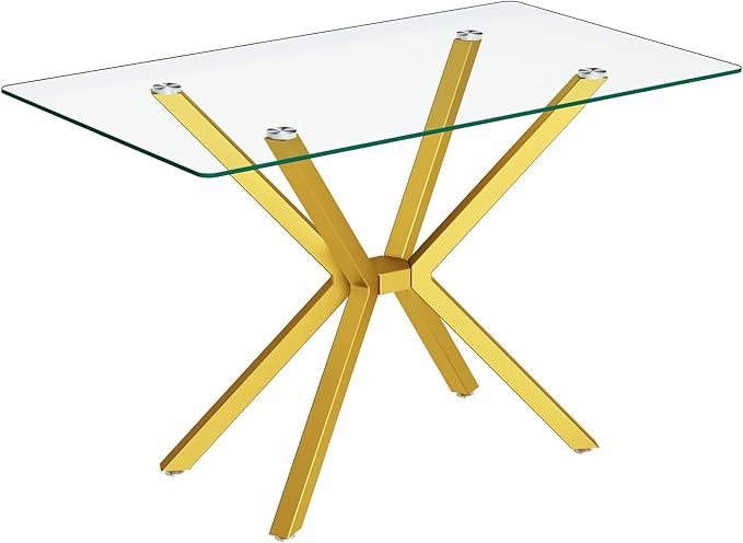 47'' Modern Glass Dining Table for 2-4 People, Rectangular Dining Room Table with Gold Metal Legs, Clear Tempered Glass Top Dining Table for 4, Gold Dining Kitchen Table for 4