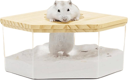 Hamster Sand Bath Box Container, Small Pet Sandbox Lid Design Wooden Sandbox Dust Bath, Transparent Bathroom & Digging Box Acrylic Syrian Hamster Litter Box Animal Accessories (D Small)