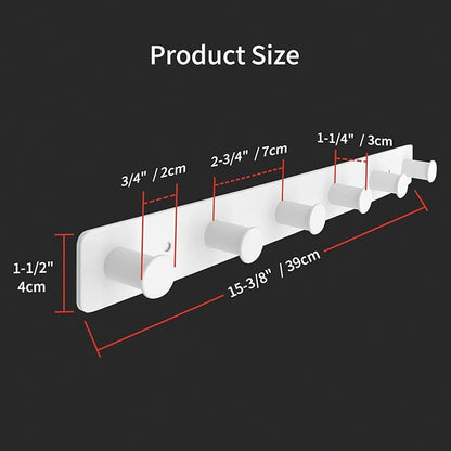 Coat Rack Wall Mounted, White Coat Hooks Adhesive & Screw in, Stainless Steel Door Hooks for Hanging Hat Towels Clothes, Hook Rail with 6 Round Hangers