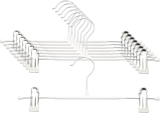 Pants Hangers with Clips - 8 Pack Heavy Duty, Non-Slip Adjustable Space Saving Skirt Hangers for Pants, Jeans, Shorts | White | 12 Inch