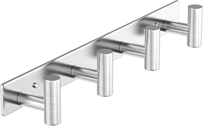 HUFEEOH T-Shaped Stainless Steel Coat Rack Wall Mount - 4 Heavy Duty Hooks for Bathroom, Mudroom Entryway, Durable Purse Hanger & Towel Rack