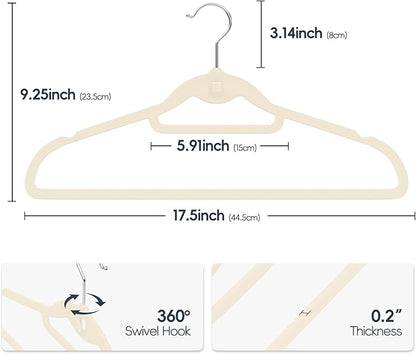 Velvet Hangers 50 Pack, Non Slip Stackable Clothes Hangers with Cascading Hooks, Ultra Thin and Space Saving Felt Hangers with Tie Bar, 360° Swivel Hooks, Heavy Duty for Suit Coat Shirt Pant- Ivory