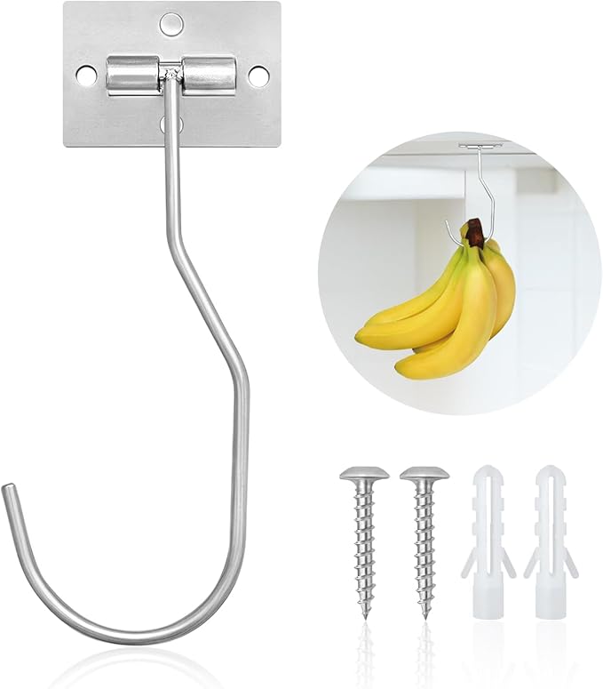 Banana Hanger Hook – Space Saving Banana Holder Hanger to Keep Bananas Fresh, Self Adhesive and Screw Banana Hook 1Pack Silver