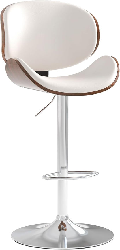Adjustable Swivel Bar Stools 1 PC, Modern Bentwood Barstool with Large Metal Base and Footrest, PU Leather Upholstered Bar Chair with Curved Back for Kitchen Island Dining Room, White