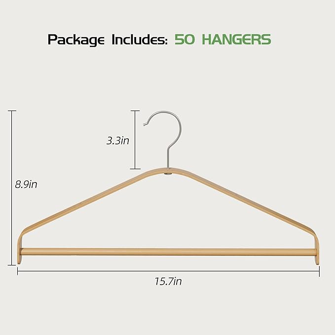 Bamboo Wood Hangers 50 Packs, Coat Hangers, Clothes Hangers with 360-Degree Rotatable Hook, Heavy Duty, Non Slip Suit Hangers for Clothes, Jacket, Shirt, Tank Top, Pant (Bamboo, 50 PCS)