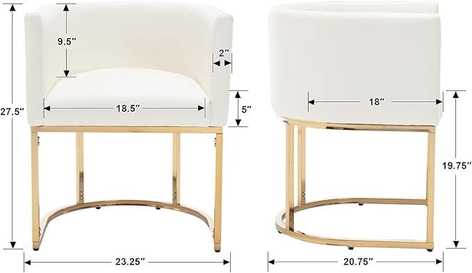 Faux Leather Dining Chairs Set of 2 Modern Barrel Arm Chairs with Golden Metal Frame, Upholstered Kitchen Chairs 18.5" Wide Accent Chairs for Living Room Dining Room Restaurant, White