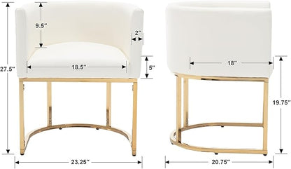 Faux Leather Dining Chairs Set of 2 Modern Barrel Arm Chairs with Golden Metal Frame, Upholstered Kitchen Chairs 18.5" Wide Accent Chairs for Living Room Dining Room Restaurant, White