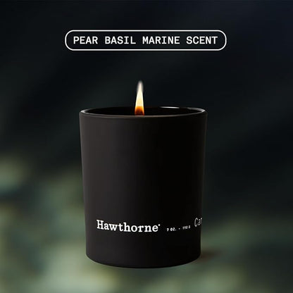 Hawthorne Fresh & Aquatic Cologne-Scented Candle. Breezy Like A Cool Gin Cocktail Out at Sea. Notes of Juniper, Pear, Sea Salt, and Cedar. Soy Blend Wax, 7 Oz., About 50 Hours of Burn Time.
