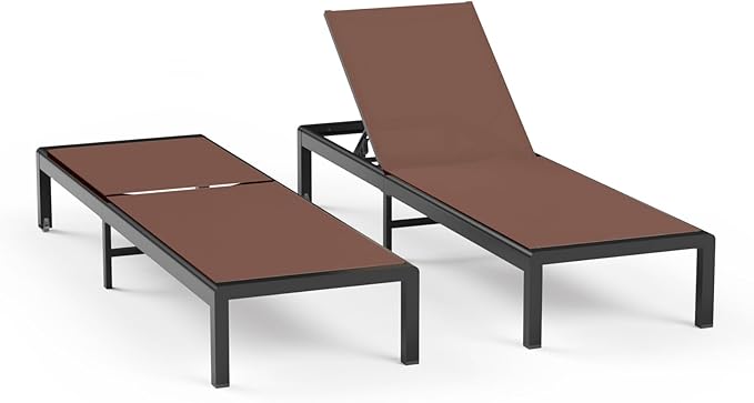 Aluminum Lounge Chairs Outdoor Chaise Furniture,2 Sets Patio Metal Deck Lounger Adjustable 5-Position Poolside Chase Recliner with Wheels for Beach,Coffee Table, (Brown, 2 Chair)