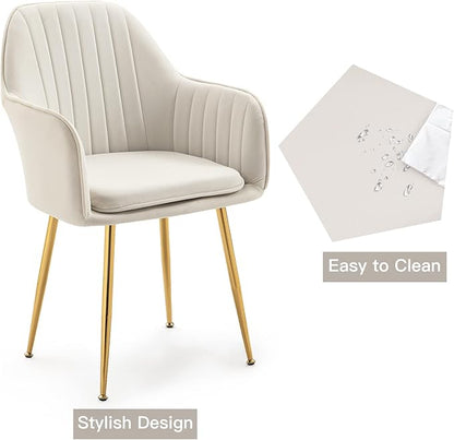 ECOTOUGE Matte Velvet Dining Chairs Set of 4, Modern Arm Chair with Golden Metal Legs, Living Room Accent Chairs for Kitchen, Beige