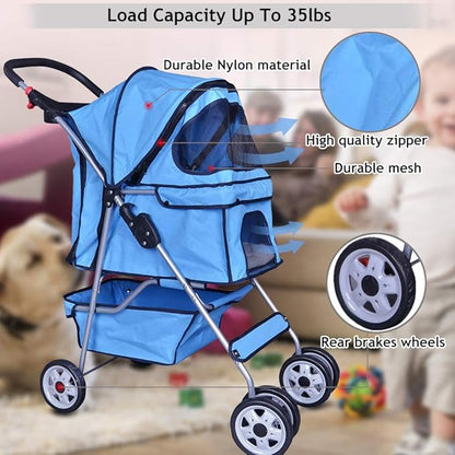 4 Wheels Pet Stroller Cat Dog Cage Stroller Travel Folding Carrier with Cup Holders and Removable Liner for Small-Medium Dog, Cat (Blue)