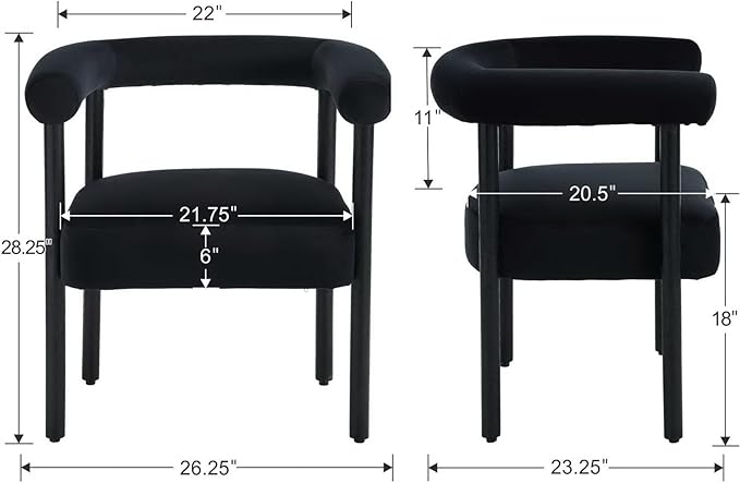 Black Velvet Dining Chairs Set of 4, Modern Upholstered With Curved Backrest, Kitchen and Dining Room Accent Arm Chairs With Black Wood Legs