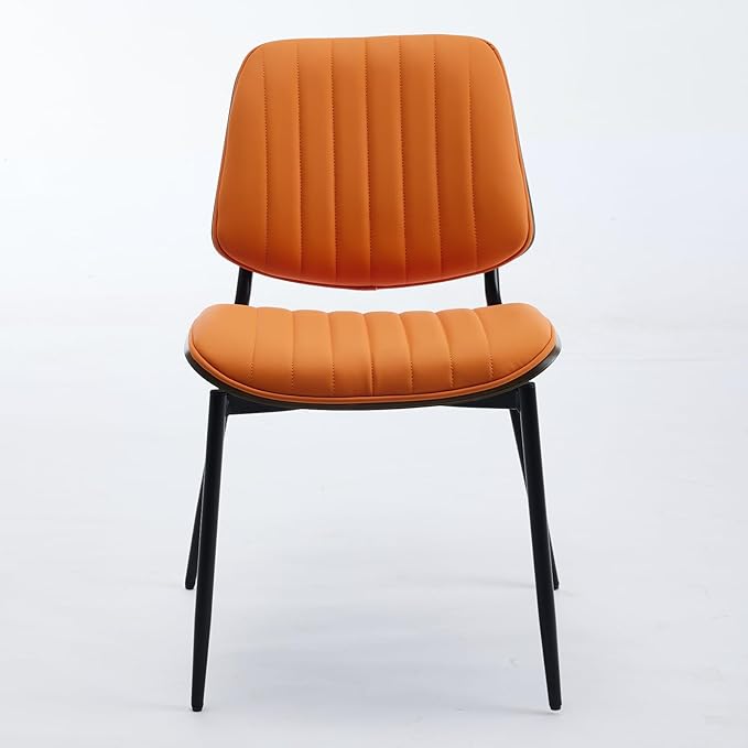 Dining Chairs Set of 4, Mid Century Modern Accent Dining Room and Kitchen Chairs, Upholstered PU Leather Vertical Stripe Chairs for Vanity with Walnut Bentwood and Metal Legs, Orange