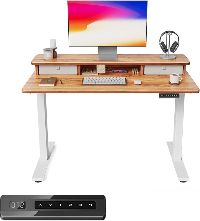 FEZIBO 40 x 24 Inch Height Adjustable Electric Standing Desk with Double Drawer, Computer Desk, Home Office Stand Up Table with 4 Height-Adjustable Feets & 2 Hooks, Light Rustic