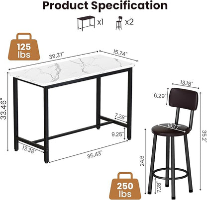 DKLGG 47" Rectangle Dining Table Set for 2 With MDF Tabletop & PU Leather Chairs - Bar Pub Set for Small Space Kitchen, Living Room, Apartment, White